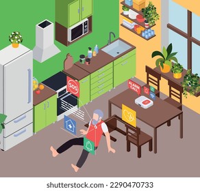 Senior medical emergency alert systems service isometric composition with home kitchen scenery and man got worse vector illustration