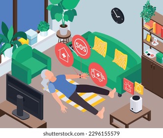 Senior medical emergency alert systems service isometric composition with fallen elderly woman with gadgets sending signals vector illustration