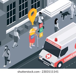 Senior medical emergency alert systems service isometric composition with outdoor scenery and elderly woman with ambulance vector illustration