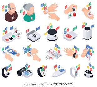 Senior medical emergency alert systems service isometric set of isolated icons with wearable gadgets and pictograms vector illustration