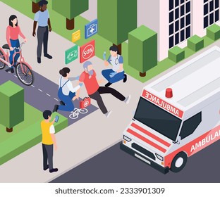 Senior medical emergency alert systems service isometric composition with outdoor scenery fallen man and ambulance crew vector illustration