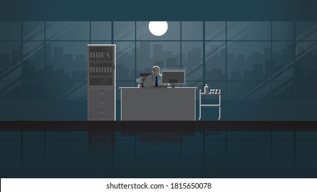 Senior medical man intend working on desktop computer in doctor office workplace. Alone in dark and full moon light. Career lifestyle of work hard overtime overwork. Idea illustration concept scene.