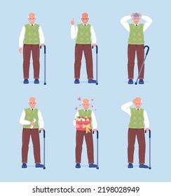 Senior men feelings expression semi flat color vector characters set. Editable figure. Full body people. Lifestyle simple cartoon style illustration for web graphic design and animation pack