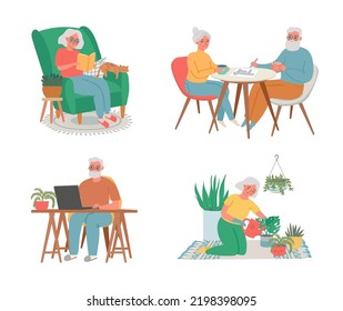 Senior men at home doing hobby planting and reading. Vector senior hobby retired, aged playing time illustration