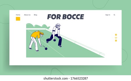 Senior Men Playing Bocce Landing Page Template. Lawn Bowling Competition, Couple of Elderly Friend Characters Playing Boules in Park Outdoor Area Enjoying Spare Time. Linear People Vector Illustration