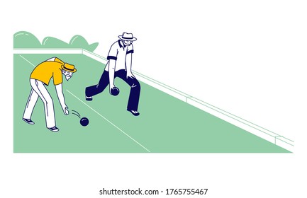 Senior Men Playing Bocce or Lawn Bowling Competing with each other. Couple of Elderly Friends Characters Playing Boules in Park Outdoor Area Enjoying Spare Time. Linear People Vector Illustration