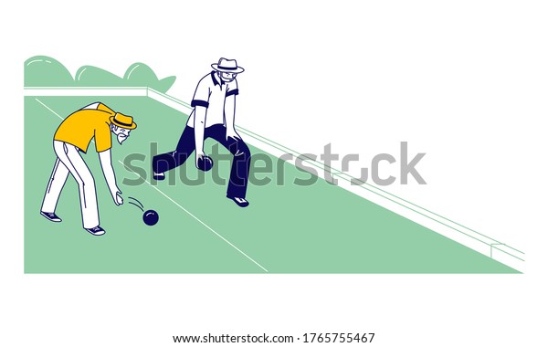 Senior Men Playing Bocce or Lawn Bowling
Competing with each other. Couple of Elderly Friends Characters
Playing Boules in Park Outdoor Area Enjoying Spare Time. Linear
People Vector
Illustration