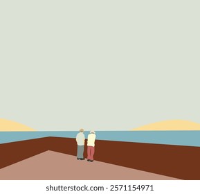Senior men standing at view point looking at ocean view with mountain landscape. Retire travel in nature.