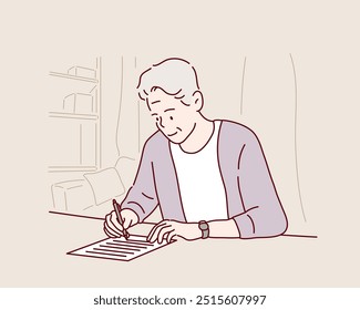 Senior men to study.He is writing on a piece of paper. Hand drawn style vector design illustrations.