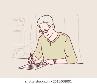 Hombres mayores para estudiar. Está escribiendo en un pedazo de papel. Ilustraciones de diseño de Vector de estilo dibujado a mano.