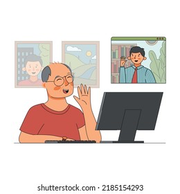 senior men talking online to son on computer