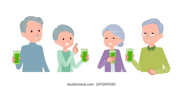 Senior men and women chatting while holding green juice