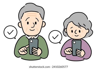 Senior men and women checking their smartphones.