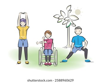 Senior men and women doing exercises, stretching, exercise, sports in the park | Nursing care series