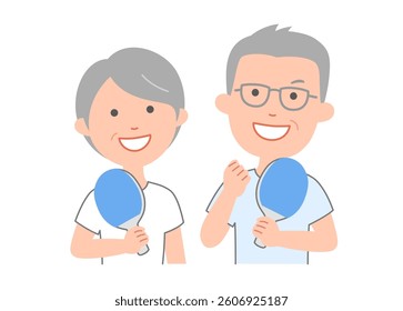 Senior men and women enjoying table tennis. The illustration is 3.5 heads tall and friendly and cute. The simple colors make it easy to use.