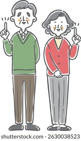 Senior men and women pointing, full body, vector