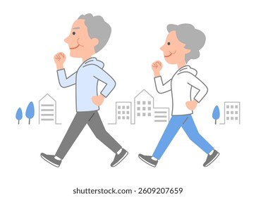 Senior men and women walking for health. The illustrations are 3.5 heads tall and friendly and cute. The simple colors make it easy to use.