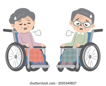 Senior men and women in wheelchairs with depressed emotions