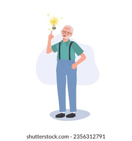 Senior men's have bright new Idea with Light Bulb. Got some new idea. Senior man with Innovative Idea. Flat vector cartoon illustration