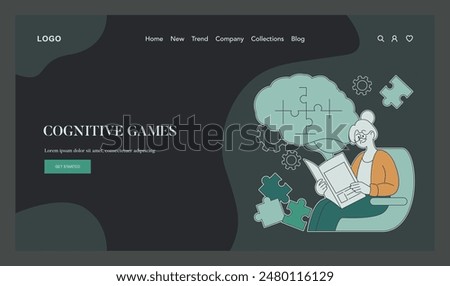 Senior mental agility concept. An elder woman engages in brain-stimulating activities, promoting healthy aging. Brain puzzles, reading habit, cognitive development. Vector illustration.