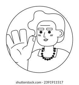 Senior mexican lady saying hi hello black and white 2D vector avatar illustration. Goodbye happy elderly latina outline cartoon character face isolated. Non verbal acknowledge flat portrait