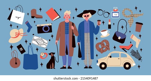 Senior modern fashion big set with clothes and accessories flat isolated vector illustration