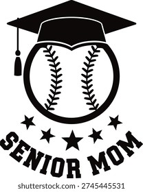 Senior Mom Baseball With Graduation Cap And Stars Monogram Style Design