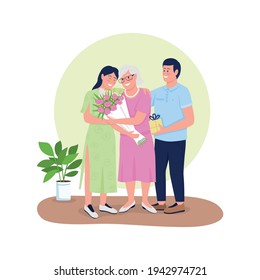Senior mother with adult children flat color vector detailed character. Son and daughter with elderly mom. Mothers day isolated cartoon illustration for web graphic design and animation