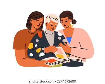 Senior mother, adult daughters looking photo album, family photographs, archive, photoalbum book, remembering moments. Memory, nostalgia concept. Flat vector illustration isolated on white background