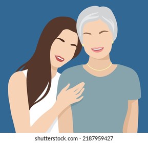 Senior mother and her adult daughter are embracing. The concept of motherhood, friendship, care, love. Contemporary abstract portrait of two women in a minimalist style. Friendly family. Vector