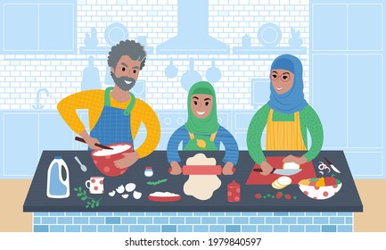 Senior muslim couple with kid making food together. Grandfather, grandmother and granddaughter preparing a meal in the kitchen. Grandparents teaching grandchild to cook. Flat style illustration