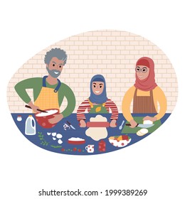 Senior muslim couple with kid making food together. Grandfather, grandmother and granddaughter preparing a meal. Grandparents teaching grandchild to cook. Flat style illustration