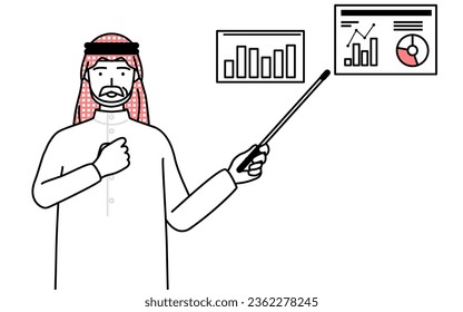 Senior Muslim Man analyzing a performance graph, Vector Illustration