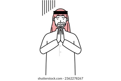 Senior Muslim Man apologizing with his hands in front of his body, Vector Illustration