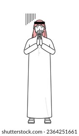 Senior Muslim Man apologizing with his hands in front of his body, Vector Illustration