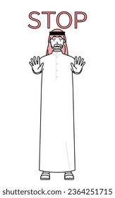 Senior Muslim Man with his hands out in front of his body, signaling a stop, Vector Illustration