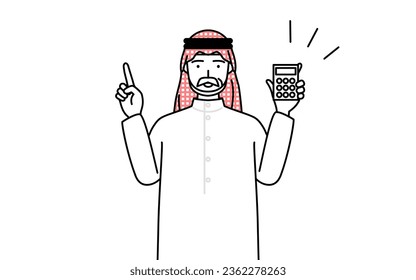 Senior Muslim Man holding a calculator and pointing, Vector Illustration