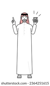 Senior Muslim Man holding a calculator and pointing, Vector Illustration
