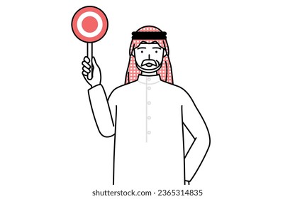 Senior Muslim Man holding a maru placard that shows the correct answer, Vector Illustration