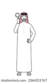 Senior Muslim Man looking through magnifying glasses, Vector Illustration