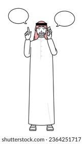Senior Muslim Man pointing while on the phone, Vector Illustration