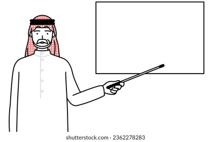 Senior Muslim Man pointing at a whiteboard with an indicator stick, Vector Illustration