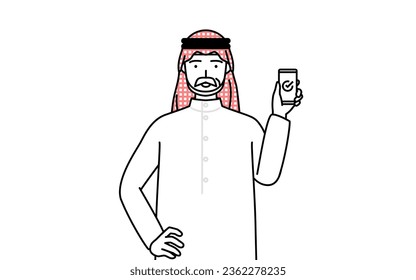 Senior Muslim Man using a smartphone at work, Vector Illustration