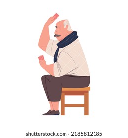 Senior Mustached Man Character Playing Cards Game Sitting on Chair Vector Illustration