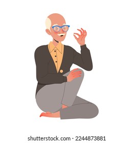 Senior Mustached Man Character Sitting and Showing Hand Gesture Expressing Positive Emotion Vector Illustration