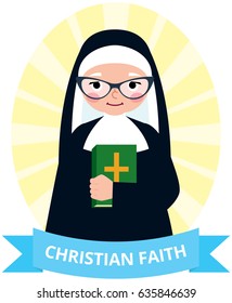 Senior nun with a bible in hand cartoon vector illustration