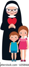 Senior nun and children girl and boy cartoon vector illustration