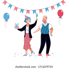 Senior old couple at birthday celebration with party hat, balloons, gift box