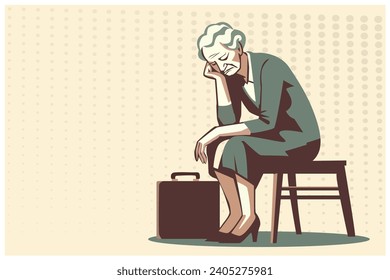 senior old elderly woman, sitting alone, feeling sad lost depression, crisis financial living concept , minimal comic flat design, vector art illustration 