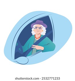 Senior old lady as a confident driver in a car, she wears hat, glasses and accessories. Vector illustration